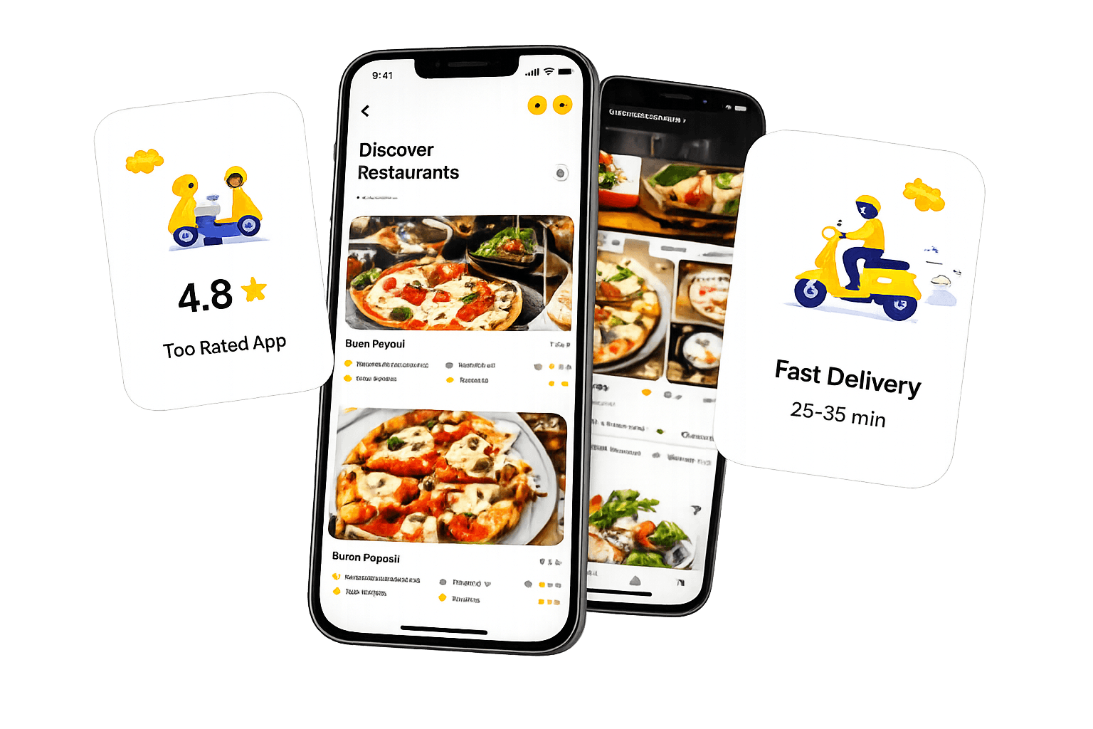 Application MayEat : écrans de découverte des restaurants avec notes et livraison rapide